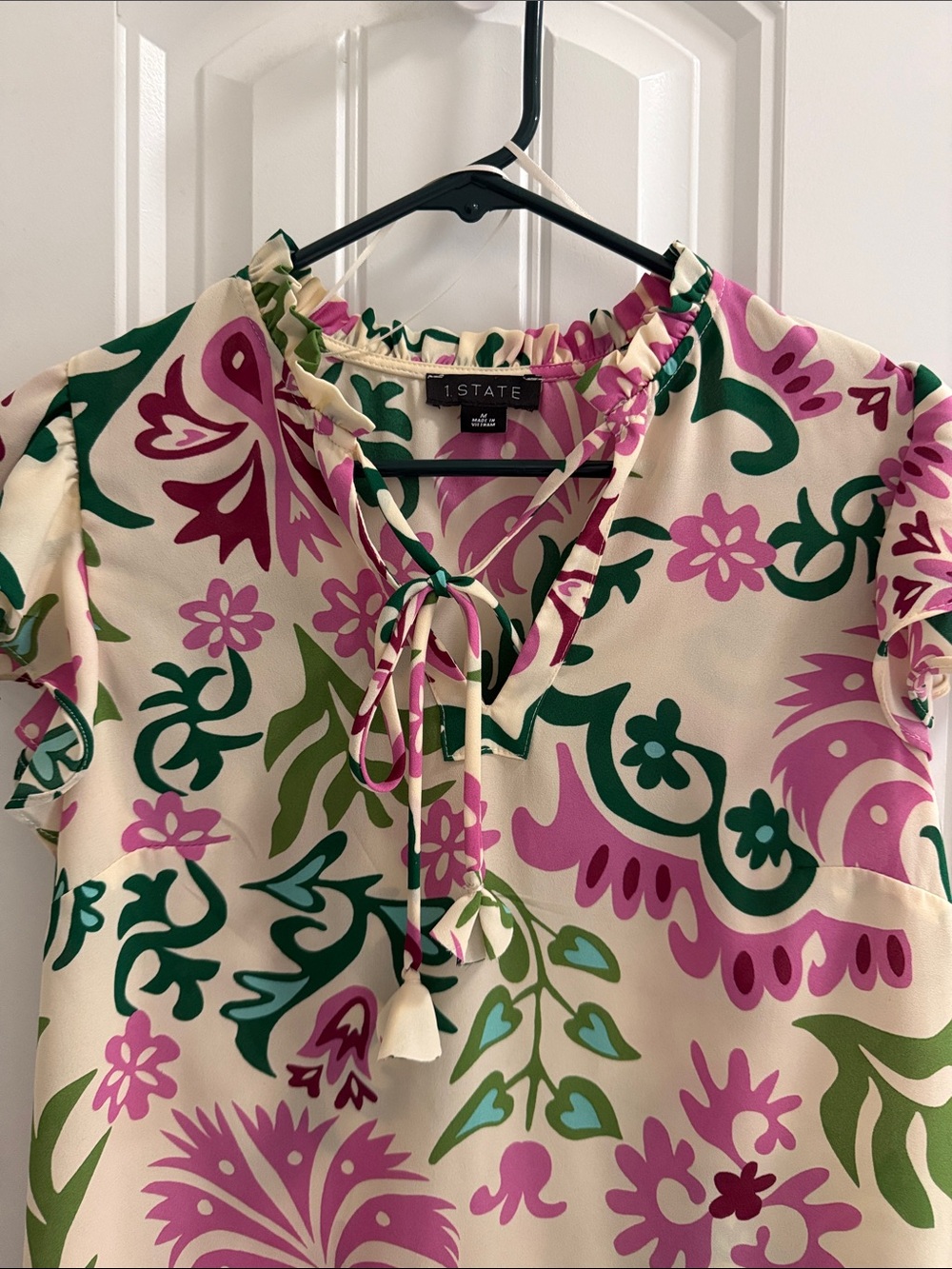 1. State Floral Tie-Neck Ruffle short sleeve Blouse in Cream, Pink and Green